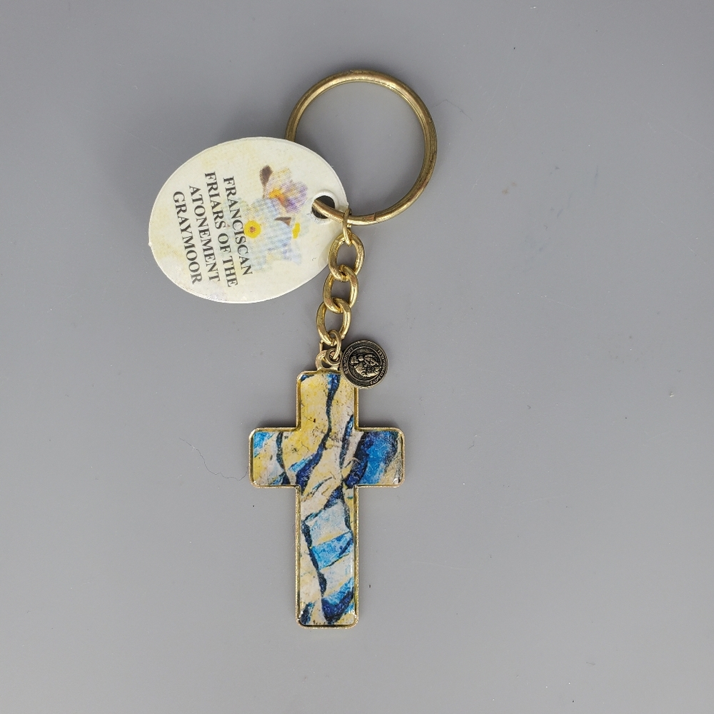 St. Anthony Goldtone Blue Keychain